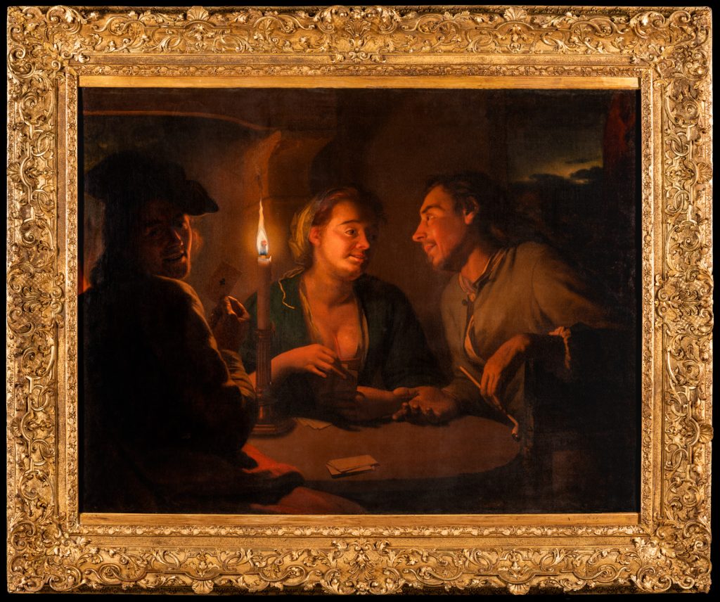 Tableau ancien représentant une scène de nuit éclairée à la bougie, photographié dans son cadre doré par Florent Ruyssen